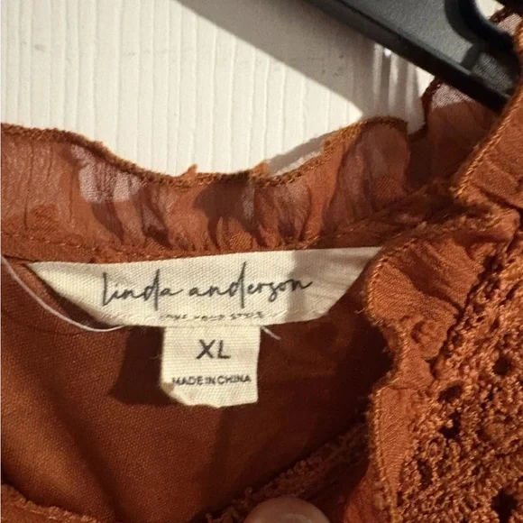 Linda Anderson Rust Orange Swiss Dot Lace Yoke Long Sleeve Bohemian Office Dress - Picture 4 of 9